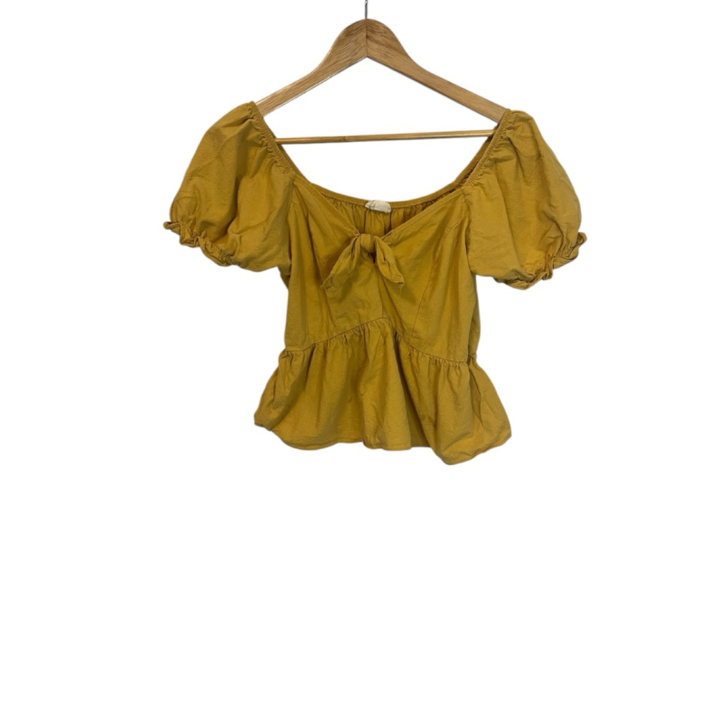Sienna Sky Mustard Peplum Puff Sleeve Tie Front Cottagecore Top Medium - Picture 2 of 11